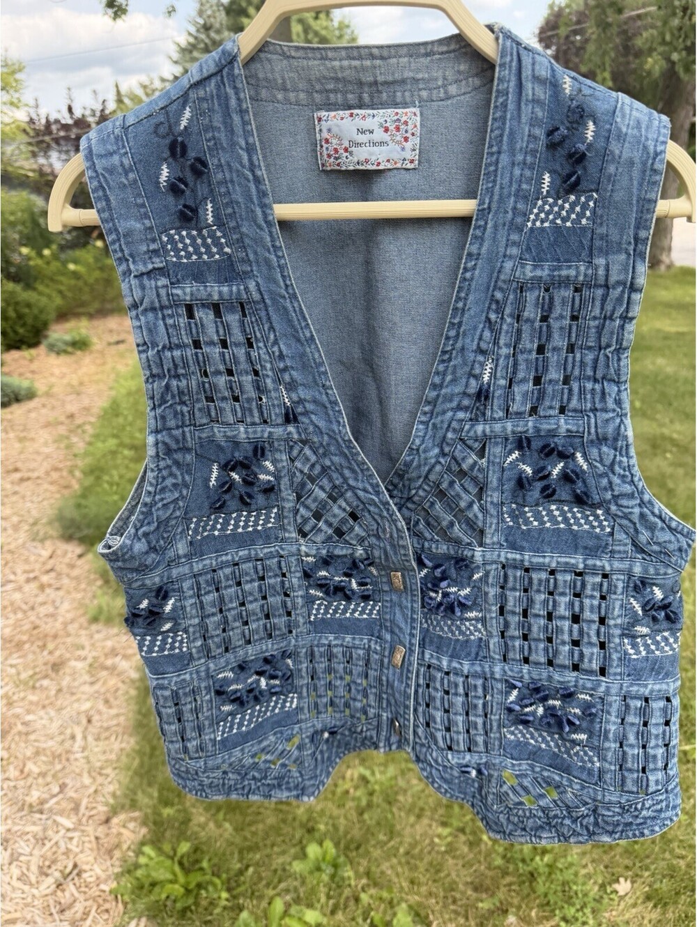 Vintage New Directions Denim Vest Women Large Embroidered Lattice Boho Coastal